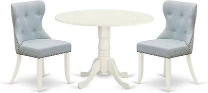 East West Furniture DLSI3-WHI-15 3 Piece Dining Room Furniture Set Contains a Round Dining Table with Dropleaf and 2 Baby Blue Linen Fabric Upholstered Chairs, 42x42 Inch, Linen White