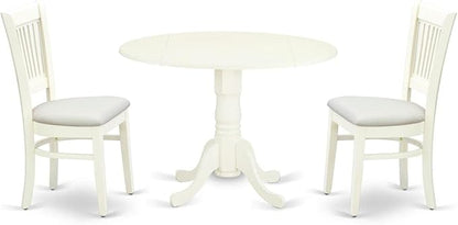 East West Furniture DLVA3-LWH-C 3 Piece Modern Dining Table Set Contains a Round Wooden Table with Dropleaf and 2 Linen Fabric Upholstered Dining Chairs, 42x42 Inch, Linen White