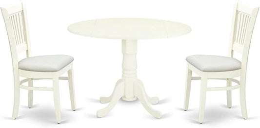 East West Furniture DLVA3-LWH-C 3 Piece Modern Dining Table Set Contains a Round Wooden Table with Dropleaf and 2 Linen Fabric Upholstered Dining Chairs, 42x42 Inch, Linen White