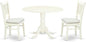 East West Furniture DLVA3-LWH-C 3 Piece Modern Dining Table Set Contains a Round Wooden Table with Dropleaf and 2 Linen Fabric Upholstered Dining Chairs, 42x42 Inch, Linen White