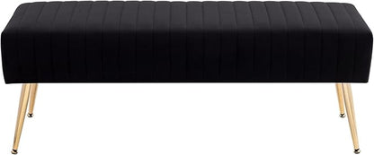 Furniliving 44 Inch Bedroom Bench, Upholstered Tufted Striped Fabric Ottoman Benches with X-Shaped Metal Legs for Living Room, Entryway Solid Wood Indoor Bench for Foyer (Black)