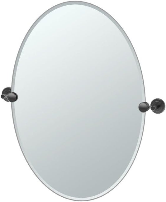 Gatco 4249MX Latitude II Oval Mirror, 26.5 Inch, Matte Black/Wall Mounted Frameless Oval Bathroom Vanity Mirror with Matte Black Brackets/Tilting Oval Mirror to Adjust Up or Down Viewing Angle