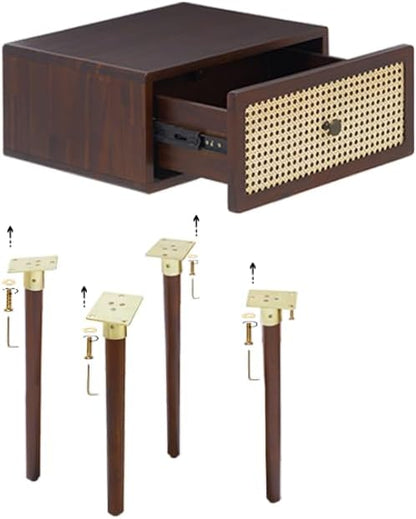 Bme Nipe Solid Wood and Rattan Nightstand, Fully Assembled, Woven Cane End Table, Bedside Table for Modern Bedroom, Boho Living Room with Tall Wood Legs Large Storage 1-Drawer, Walnut