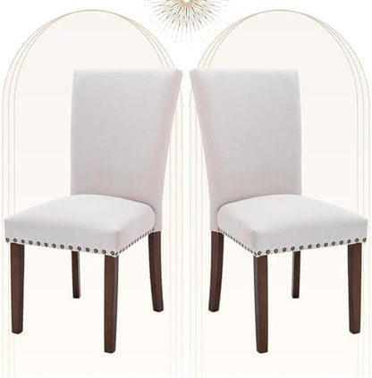 COLAMY Upholstered Parsons Dining Chairs Set of 2, Fabric Dining Room Kitchen Side Chair with Nailhead Trim and Wood Legs - Beige