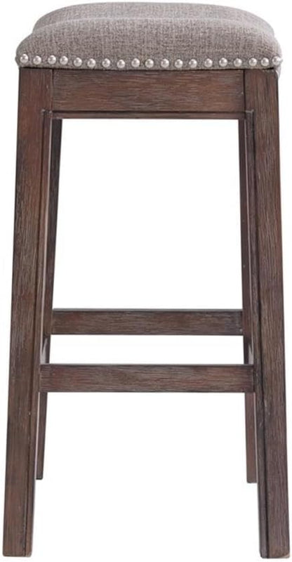 Williston Dark Brown Wood Counter Height Stool Set of 2, 18.25 in. W Seat with Linen-Like Fabric & Silver Satin Nail Heads, Kitchen Furniture Bar Stools w/Solid Rubberwood Frame & Metal Kick Plate