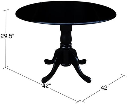 IC International Concepts, 42" Round Dual Drop Leaf Pedestal Dining Table, Solid Wood, Real Parawood, 42" W x 42" D x 29.5" H, Easy Assembly, Black