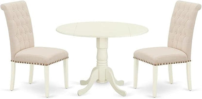 East West Furniture DLBR3-WHI-02 3 Piece Modern Dining Table Set Contains a Round Wooden Table with Dropleaf and 2 Light Beige Linen Fabric Parson Dining Chairs, 42x42 Inch, Linen White