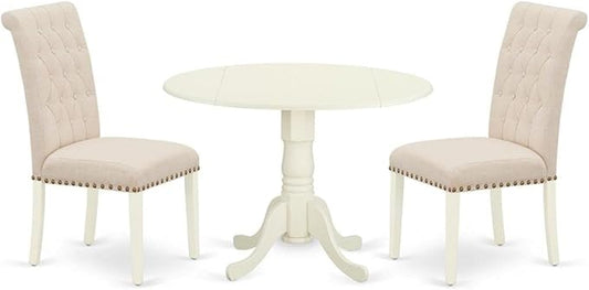 East West Furniture DLBR3-WHI-02 3 Piece Modern Dining Table Set Contains a Round Wooden Table with Dropleaf and 2 Light Beige Linen Fabric Parson Dining Chairs, 42x42 Inch, Linen White