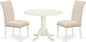 East West Furniture DLBR3-WHI-02 3 Piece Modern Dining Table Set Contains a Round Wooden Table with Dropleaf and 2 Light Beige Linen Fabric Parson Dining Chairs, 42x42 Inch, Linen White