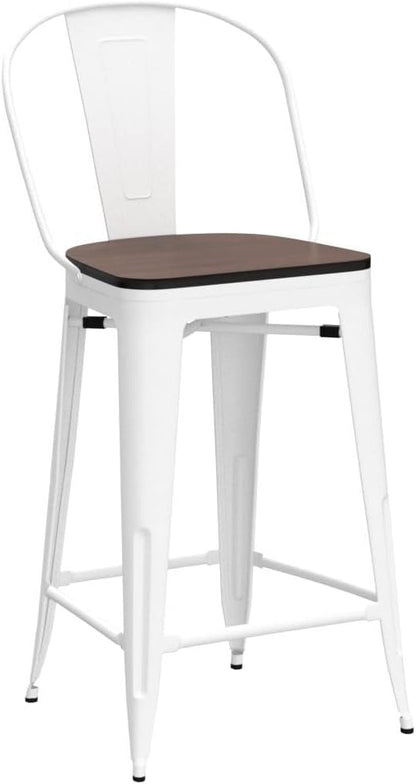 Yongqiang 30 inch Bar Stools Set of 4 Farmhouse Bar Height Stools High Back Kitchen Bar Chairs Cream White Metal Barstools with Large Wooden Seat