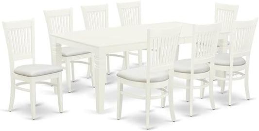 East West Furniture LGVA9-LWH-C 9 Piece Dining Set Includes a Rectangle Dining Room Table with Butterfly Leaf and 8 Linen Fabric Upholstered Kitchen Chairs, 42x84 Inch, Linen White
