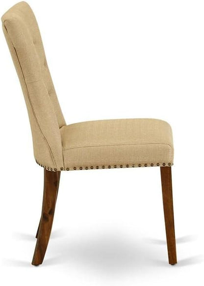 East West Furniture GAP8T03 Gallatin Parson Dining Chairs - Button Tufted Nailhead Trim Brown Linen Fabric Upholstered Chairs, Set of 2, Walnut