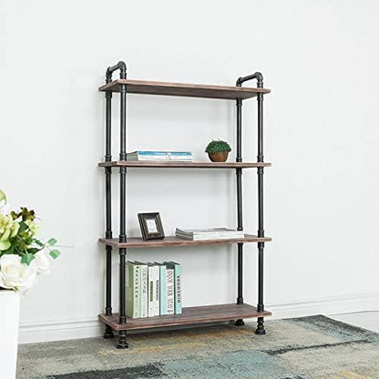 Industrial Bookcase, Solid Pine Open Wood Shelves, Rustic Modern Industrial Pipe and Solid Wood Style Bookshelf (4-Layers)