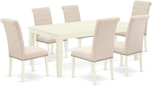 East West Furniture LGBR7-LWH-02 7 Piece Dining Table Set Consist of a Rectangle Dinner Table with Butterfly Leaf and 6 Light Beige Linen Fabric Parson Chairs, 42x84 Inch, Linen White