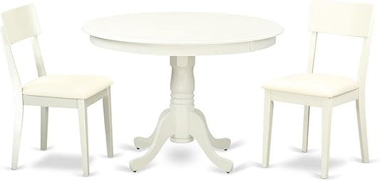 East West Furniture HLAD3-LWH-LC 3 Piece Dining Table Set for Small Spaces Contains a Round Dining Room Table with Pedestal and 2 Faux Leather Upholstered Chairs, 42x42 Inch, Linen White