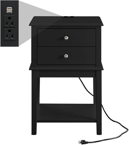conifferism Black Nightstand, 28" Tall Bedroom Night Stand with Charging Station, Large Sofa Side Table 2 Drawers, Modern Bedside End Table with USB Ports Living Room