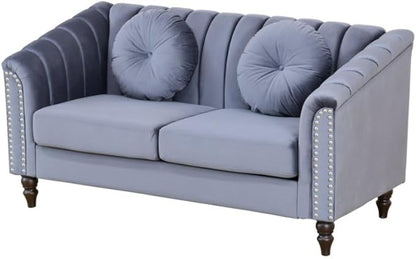 60" Loveseat Sofa, Microfiber Chesterfield Upholstered Sofas Love Seat, Couch Chair Sets with Style Button Tufted, Scroll Arms and Nailhead for Living Room, Office, Grey