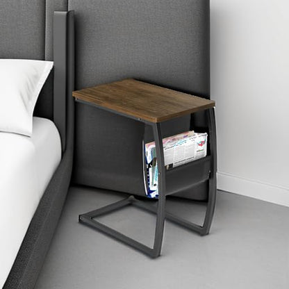 SRIWATANA Side Table End Table, Vintage C Shaped Couch Table with Side Pocket for Sofa Laptop Coffee Snack, Walnut