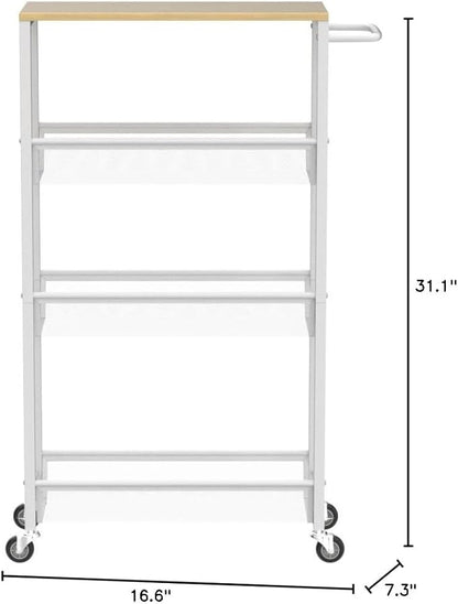 MOOACE Slim Storage Cart, 4 Tier Rolling Kitchen Shelving Unit on Wheels Mobile Narrow Cart with Wooden Tabletop for Bathroom, Laundry Narrow Places, 16.6''x 7.3''x 31.1''inch - White