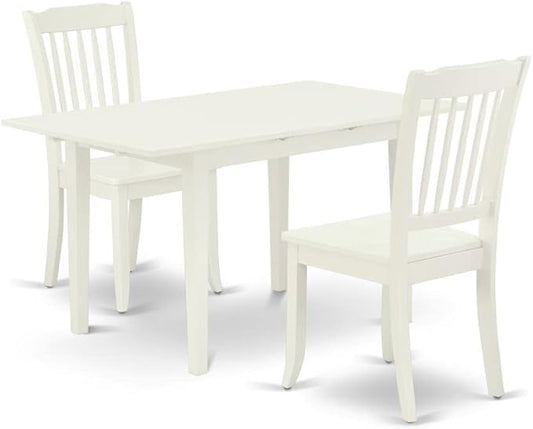 East West Furniture NODA3-LWH-W 3 Piece Kitchen Table Set for Small Spaces Contains a Rectangle Dining Room Table with Butterfly Leaf and 2 Dining Chairs, 32x54 Inch, Linen White