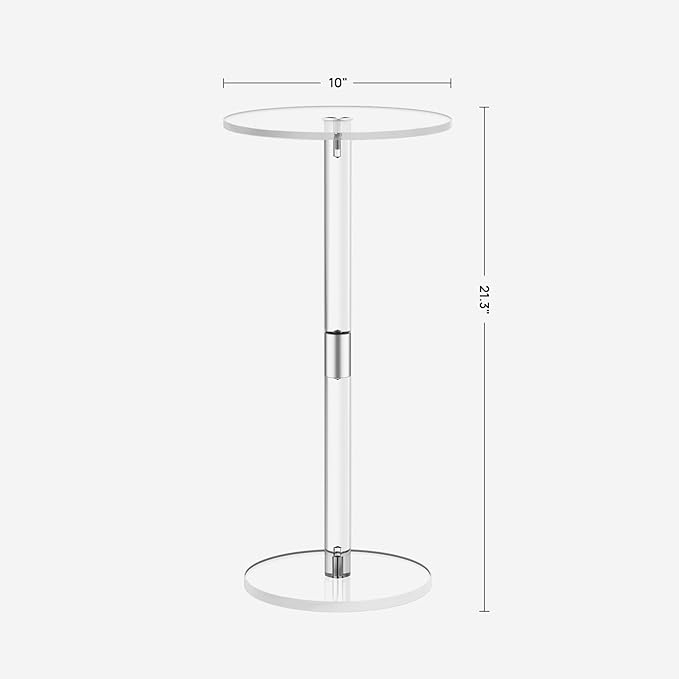 HMYHUM Acrylic Drink Table for Small Spaces, 10" L x 10" W x 21.3" H, Drink Side/End Table for Living Room, Round, Easy Assembly, Clear