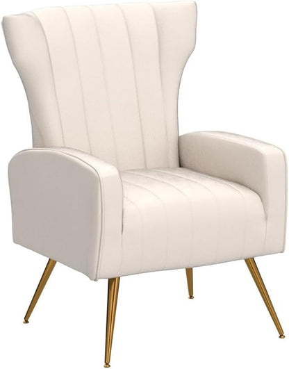 Container Furniture Direct Modern Velvet Accent Chair, Channel Tufted Bedroom, Office or Living Room Furniture with Elegant Metal Legs, 26" Wide Armchair, Beige