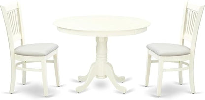 East West Furniture HLVA3-LWH-C 3 Piece Kitchen Table & Chairs Set Contains a Round Dining Table with Pedestal and 2 Linen Fabric Dining Room Chairs, 42x42 Inch, Linen White