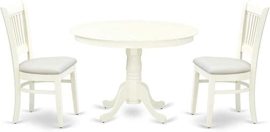 East West Furniture HLVA3-LWH-C 3 Piece Kitchen Table & Chairs Set Contains a Round Dining Table with Pedestal and 2 Linen Fabric Dining Room Chairs, 42x42 Inch, Linen White