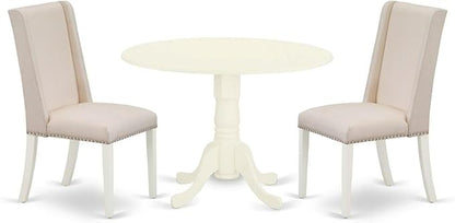 East West Furniture DLFL3-WHI-01 3 Piece Kitchen Table Set Contains a Round Dining Room Table with Dropleaf and 2 Cream Linen Fabric Upholstered Chairs, 42x42 Inch, Linen White