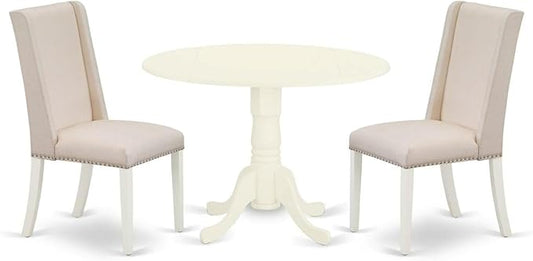 East West Furniture DLFL3-WHI-01 3 Piece Kitchen Table Set Contains a Round Dining Room Table with Dropleaf and 2 Cream Linen Fabric Upholstered Chairs, 42x42 Inch, Linen White