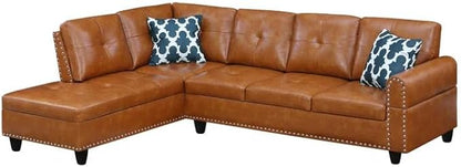 Ball & Cast 98" L Shaped Sectional Couch for Living Room with Chaise & Nailhead Trim,4 Seat Faux Leather Upholstered Modular Sectional Sofa Set 2 PCS W/Cup Holder & Coffee Table,for Home,Office,Ginger