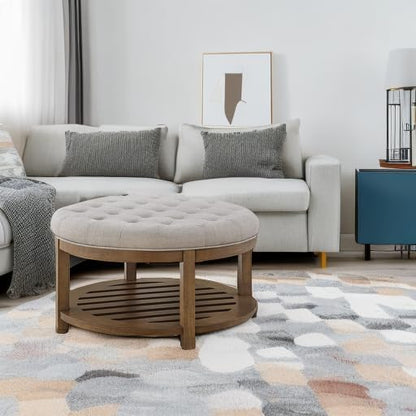 24KF Large Round Upholstered Tufted Linen Ottoman Coffee Table, Large Footrest Ottoman with Wood Shelf Storage-Iinen
