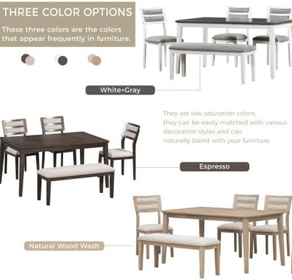 SogesHome Classic 6-Piece Dining Table Set, Rectangular Wooden Kitchen Table with Upholstered Chairs & Bench for Dining Room, Traditional Retro Farmhouse Dining Table for Kitchen, Natural