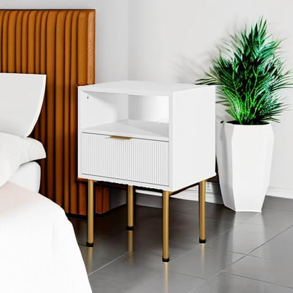 Nightstand,Morden Bedside Table with Gold Frame,Small White Night Stand,End Table,Bedside Furniture,Side Table with Drawer and Shelf for Bedroom,Living Room (1Drawer, White)