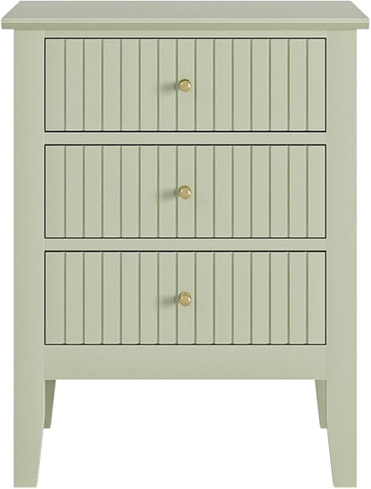 Fluted Nightstand, Farmhouse Night Stand with 3 Drawers, Mid Century Modern Side Accent Table,Bedside End Table for Bedroom, Living Room, Pale Green