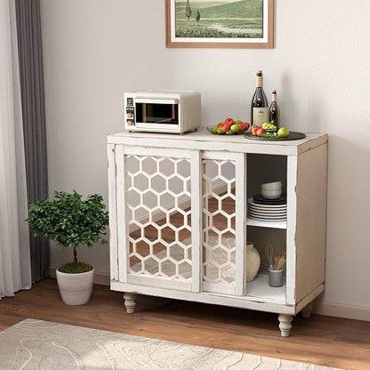COSIEST 31.5" W Sideboard Buffet Cabinet with Mirrored Doors and Adjustable Shelf, Kitchen Storage Cabinet with Sliding Doors for Dining Room, Hallway, Living Room (White, Honeycomb Pattern)