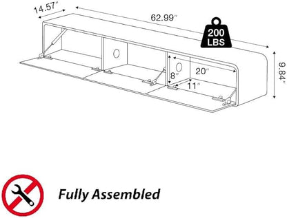 POVISON Fully Assembled Floating TV Stand with LED Lights, 63" Modern Wall-Mounted Media Console with 3 Flip-Down Cabinet Doors, Solid Wood Floating Entertainment Center for 55 Inch TV