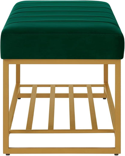 24KF Jade Velvet Upholstered End of Bed Bench with Metal Shelf, Modern Tufted Channel Entryway Bench Footboard Bench for Living Room, Bedroom, Gold Bench,5036-Jade