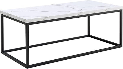 CENSI 40-Inch Marble Accent Coffee Table Ottoman for Living Room, Rectangle, Mid-Century Modern Industrial Style, Extra Thick Top, Wood and Metal (White Marble)