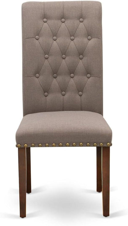 East West Furniture BRP3T18 Bremond Parson Kitchen Chairs - Button Tufted Nailhead Trim Brown Linen Linen Fabric Padded Dining Chairs, Set of 2, Mahogany