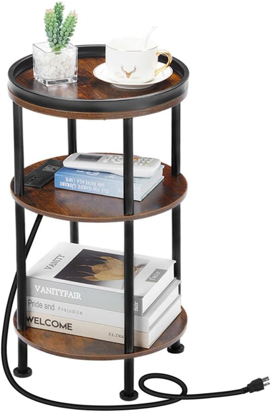 Small Round Side Table with Charging Station for Small Spaces, 3-Tier Round Accent Table with USB Ports & Power Outlets, Corner Table Sofa End Table for Living Room Bedroom (USB Charger, Rustic Brown)