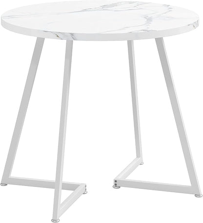 VECELO Round Dining Room Table with Wood Grain Tabletop and Steel Frame, for Kitchen, Living Room, Office, Conference, 2 to 4 Person, Fuax Marbled & White
