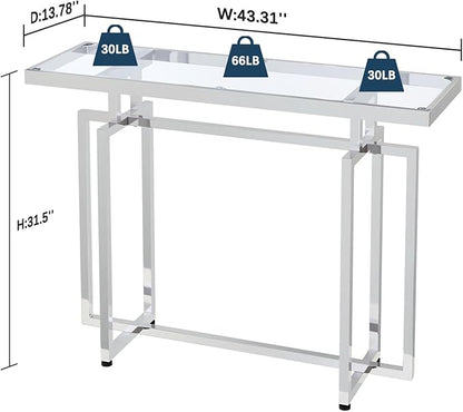 ASYA Glass Console Table for Entryway, Modern Entryway Table with Tempered Glass & Chrome Frame, Silver Sofa Table for Living Room Hallway