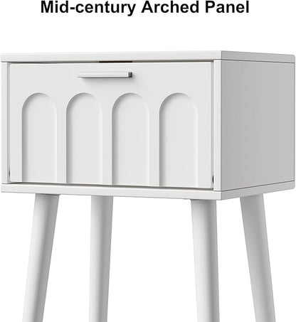 LAATOOREE Nightstand Set of 2, Small Bed Side Table with Arch Door, Mid-Century End Table with Wood Legs for Bedroom, Small Space (White)