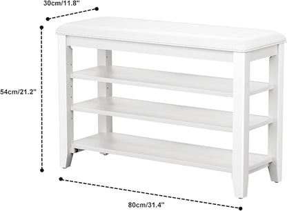 Entryway Shoe Storage Bench with Leather Cushion, Shoe Organizer Bench for Entryway, Ideal for Hallways Front Doors Entrances Mudrooms Featuring Rubberwood And 3 Height-Adjustable & Removable Shelve