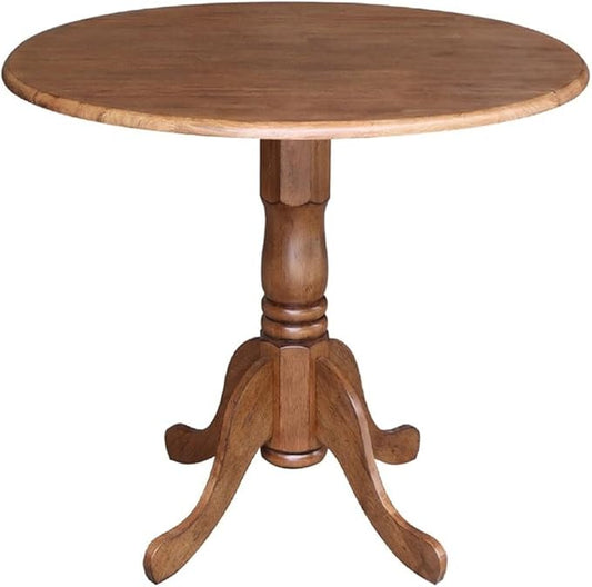 IC International Concepts 42-Inch Round Dual Drop Leaf Pedestal Dining Table, Elegant Space-Saving Furniture for Home and Office - Distressed Oak Finish