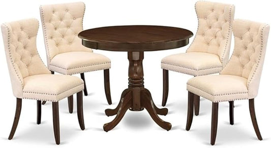 East West Furniture ANDA5-AWA-32 5 Piece Dining Room Furniture Set Includes a Round Kitchen Table with Pedestal and 4 Polyester Fabric Padded Chairs, 36x36 Inch, Antique Walnut