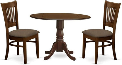 East West Furniture DLVA3-ESP-C 3 Piece Kitchen Table & Chairs Set Contains a Round Dining Room Table with Dropleaf and 2 Linen Fabric Upholstered Chairs, 42x42 Inch, Espresso