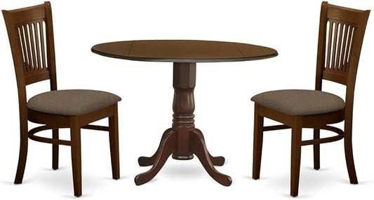 East West Furniture DLVA3-ESP-C 3 Piece Kitchen Table & Chairs Set Contains a Round Dining Room Table with Dropleaf and 2 Linen Fabric Upholstered Chairs, 42x42 Inch, Espresso