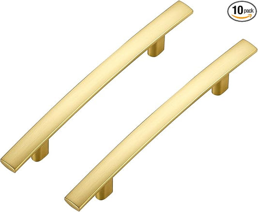 10 Pack Cabinet Handles 3.75" Hole Center - Curved Cabinet Pulls Brushed Brass Drawer Pulls for Kitchen Cupboard Solid Handles for Dresser Drawer Arch Closet Hardware